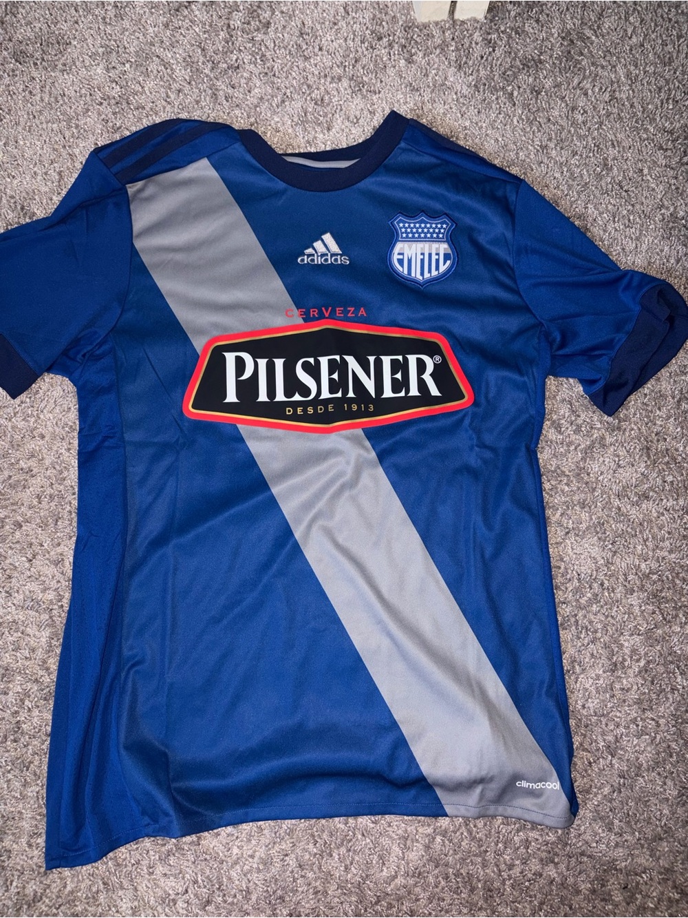 adidas Emelec Blue Soccer Jersey with Gray Diagonal Stripe
